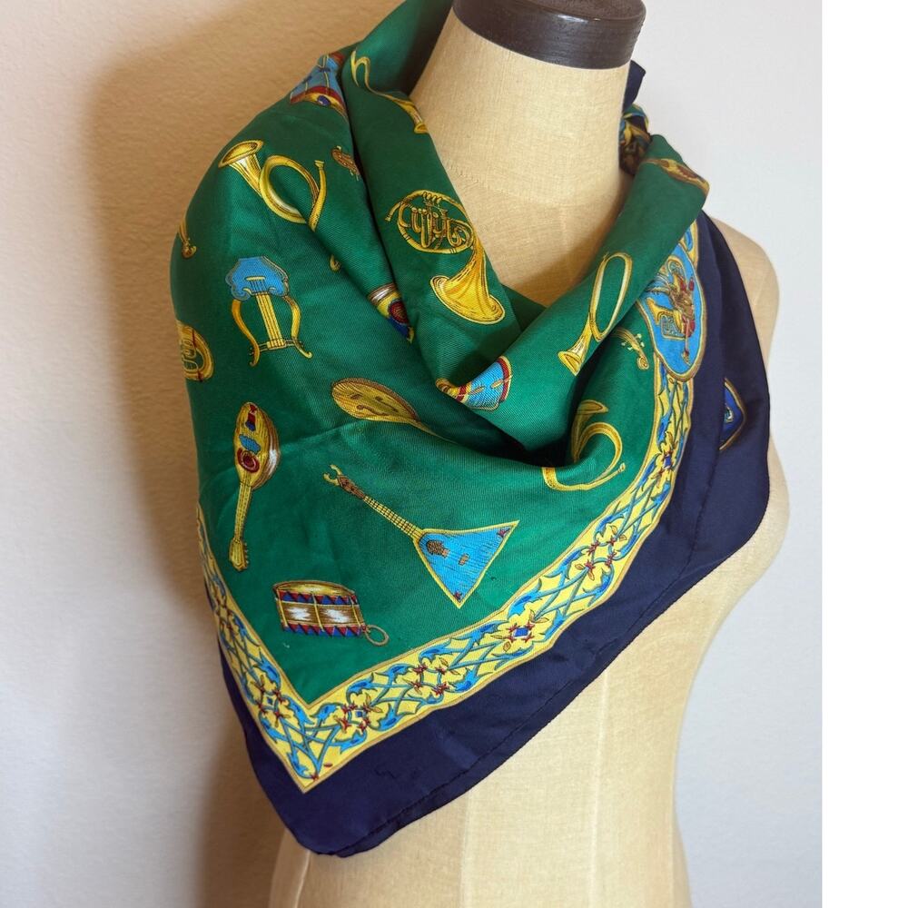 Gil De Losine Paris Navy and Green instrumental silk scarf 29’x31’  Bandana